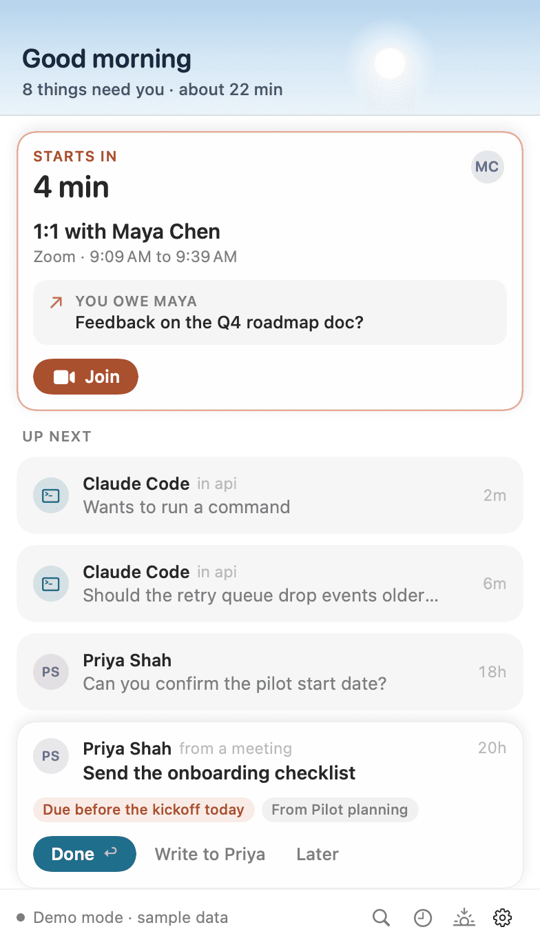 A promise from a meeting: send Priya the onboarding checklist, due before today’s kickoff, with Done and Write to Priya.