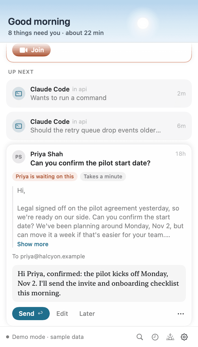 A reply to Priya Shah marked Priya is waiting on this, showing her email, who the reply goes to, and a drafted answer with a Send button.